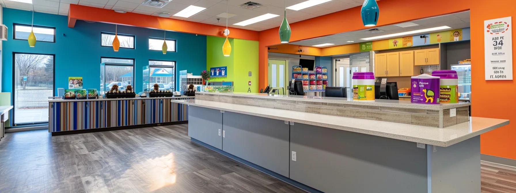 a vibrant and modern veterinary clinic showcases a nutritious wet puppy food canister prominently displayed on a sleek countertop, emphasizing its role in supporting healthy growth and development amidst an engaging backdrop of playful puppies and high-tech feeding stations.
