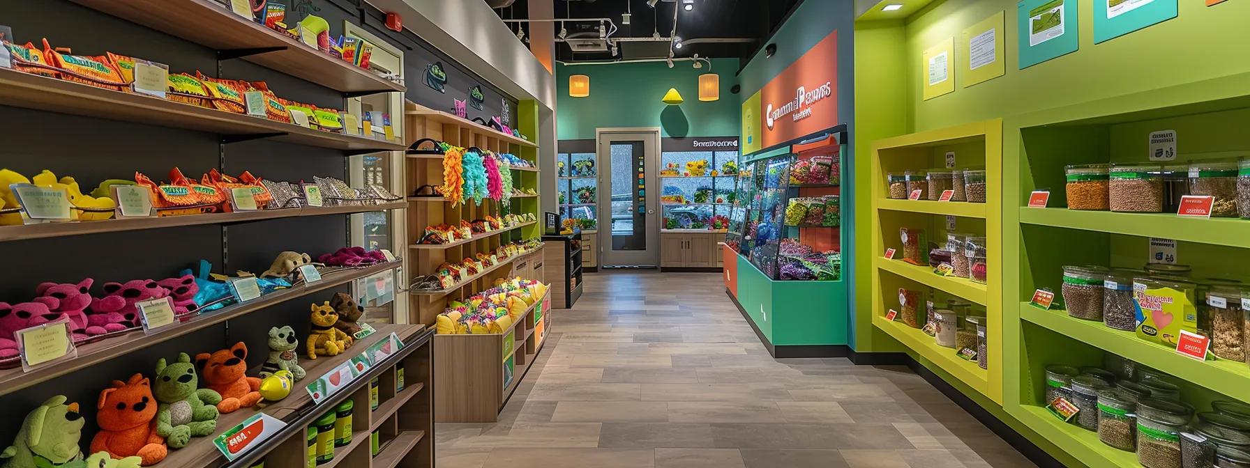 a vibrant and organized pet care store interior showcases colorful, safe dog toys prominently displayed on sleek shelves, with clear signage highlighting safety certifications and quality materials. a vibrant and organized pet care store interior showcases colorful, safe dog toys prominently displayed on sleek shelves, with clear signage highlighting safety certifications and quality materials.