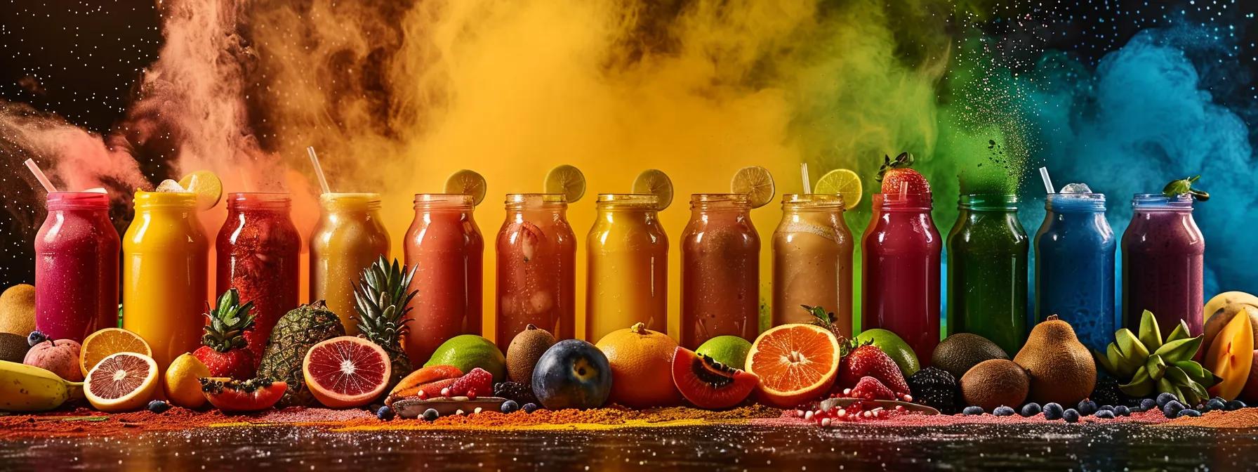 a vibrant and refreshing scene showcases a variety of colorful fruits and sports drinks arranged artfully, surrounded by energy-rich vitamin powders, symbolizing the essential role of electrolytes in health and athletic performance.