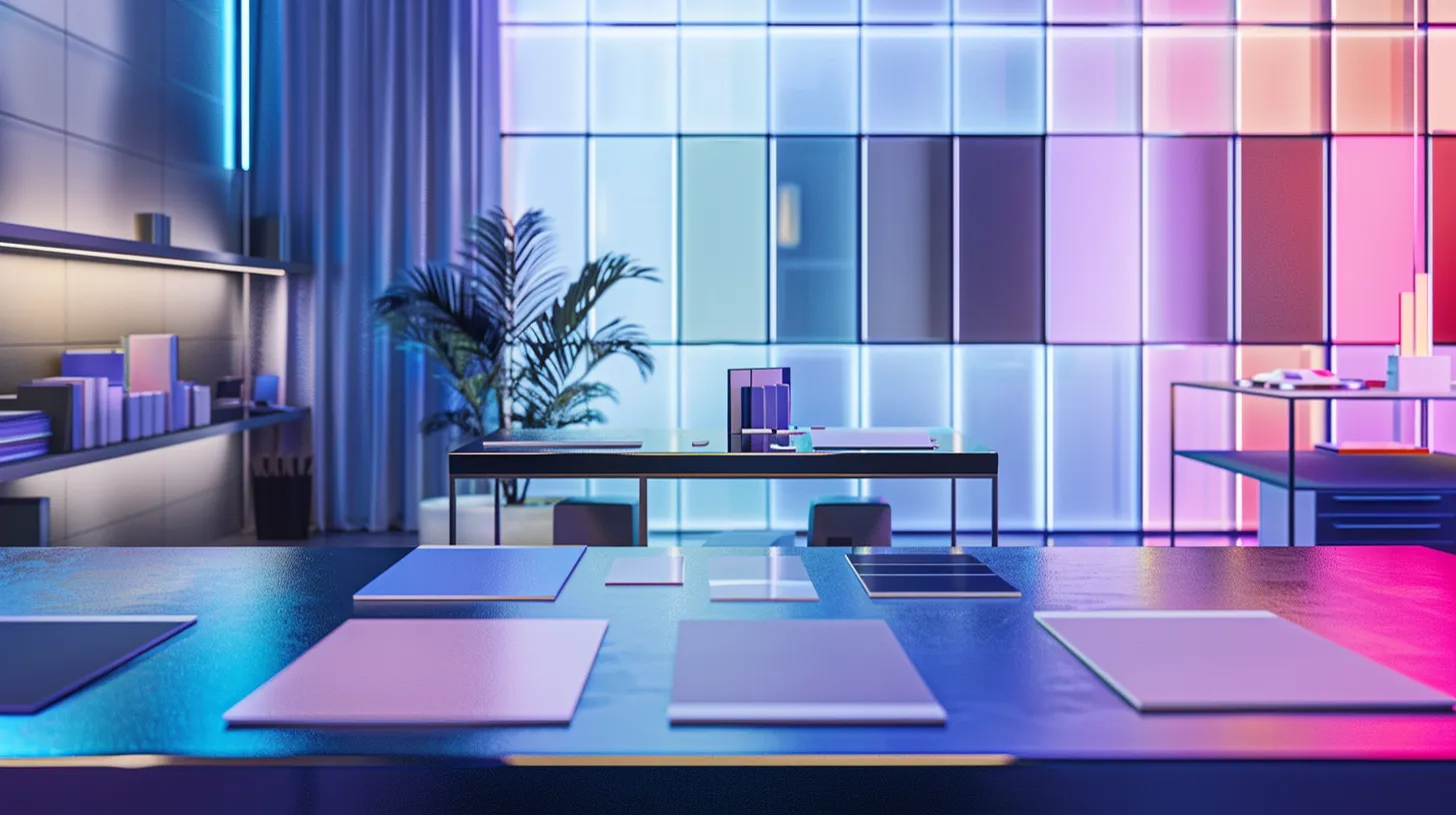 a vibrant and sleek office workspace features a glossy card stock display, showcasing various samples of high-gloss and silk finishes against a modern desk backdrop, highlighting their smooth textures and vivid colors under professional lighting. a vibrant and sleek office workspace features a glossy card stock display, showcasing various samples of high-gloss and silk finishes against a modern desk backdrop, highlighting their smooth textures and vivid colors under professional lighting.