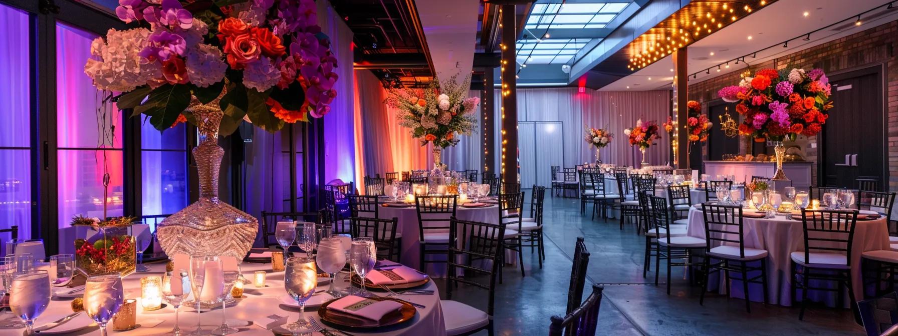 a vibrant and stylish wedding reception hall in laval, elegantly decorated with glowing centerpieces and a sophisticated dining setup, showcasing local vendor expertise from catering to floral design.