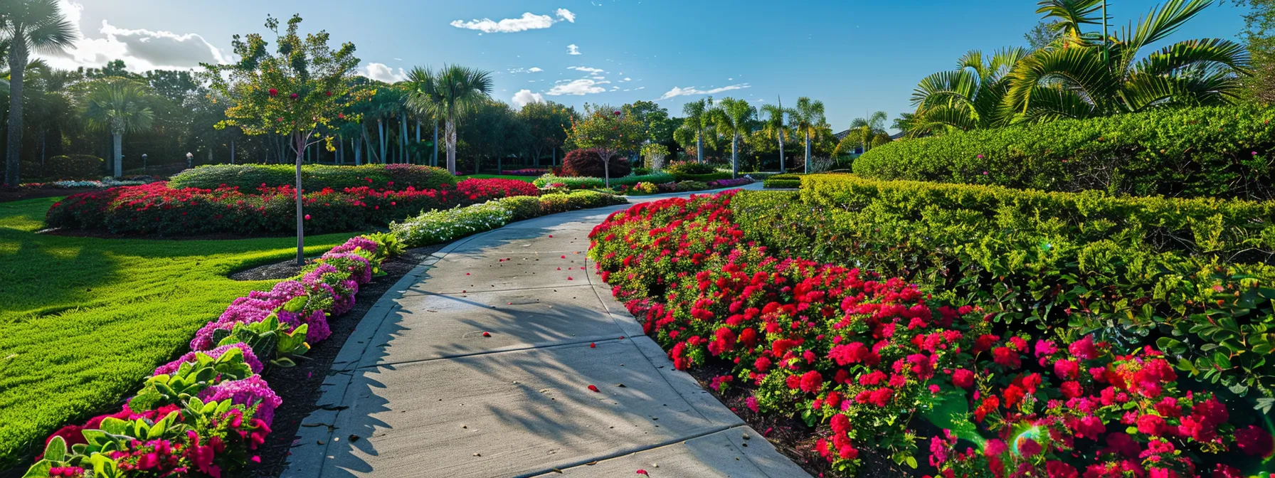 a vibrant and welcoming community entrance showcases meticulously designed landscaping with colorful flower beds and neatly trimmed hedges, emphasizing the enhancement of neighborhood identity and pride in st. cloud, florida.