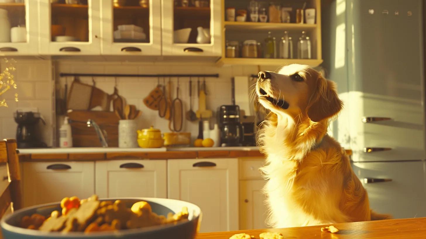 a vibrant and well-lit modern kitchen showcases a dog eagerly enjoying a piece of gourmet chicken jerky, with a stylish bowl of fresh dog food and health-related pet care materials neatly arranged in the background. a vibrant and well-lit modern kitchen showcases a dog eagerly enjoying a piece of gourmet chicken jerky, with a stylish bowl of fresh dog food and health-related pet care materials neatly arranged in the background.