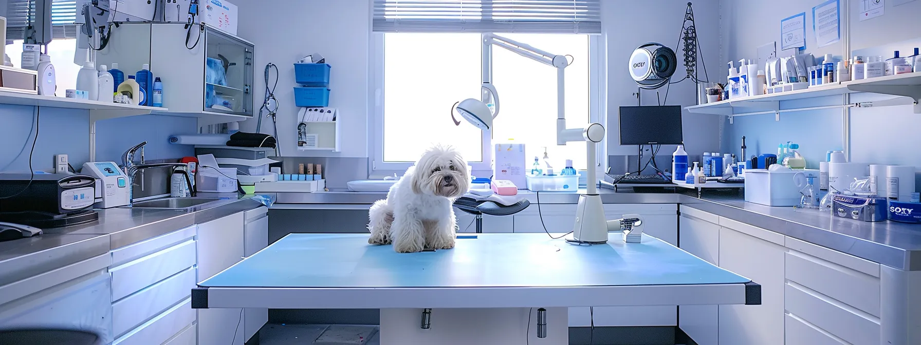 a vibrant and well-organized dog grooming salon showcases a professional groomer skillfully working on a fluffy doodle, surrounded by modern grooming tools and spacious grooming stations, all under bright, focused studio lighting that highlights the meticulous care and attention given to each pet.