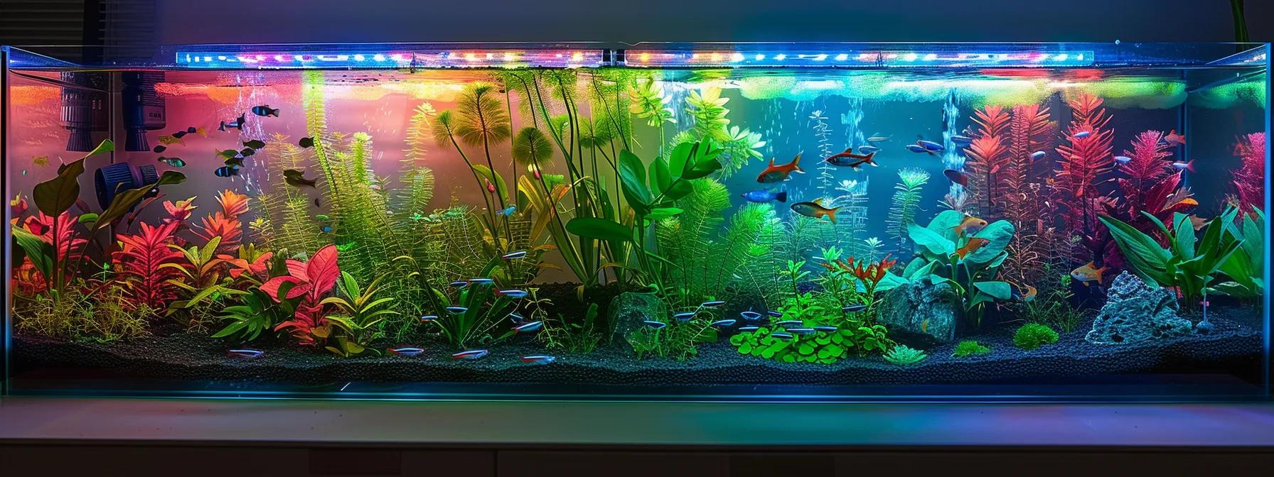 a vibrant aquarium illuminated by colorful led lights, showcasing the brilliant hues of diverse fish and plants in a sleek, modern home setting. a vibrant aquarium illuminated by colorful led lights, showcasing the brilliant hues of diverse fish and plants in a sleek, modern home setting.