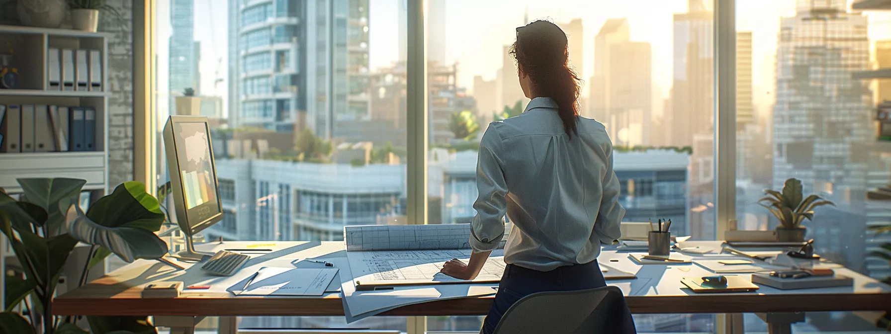 a vibrant architectural workspace showcases a talented architect deeply focused on a large, intricate cityscape blueprint displayed on a sleek drafting table, surrounded by innovative design tools and large windows revealing an urban skyline.
