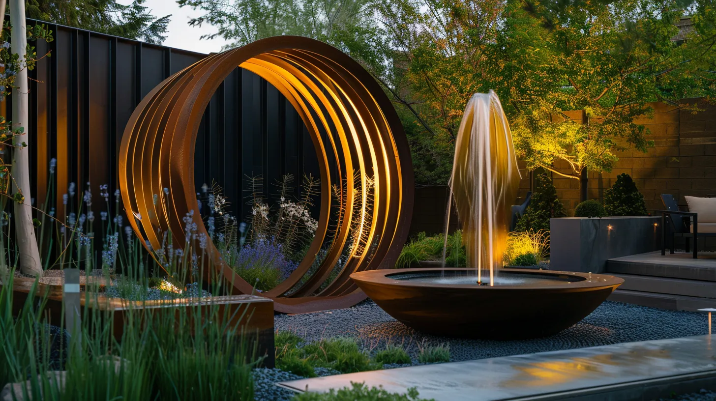 a vibrant arizona backyard showcases a meticulously designed landscape featuring modern steel structures and a serene fountain, illuminated by warm evening light, as a homeowner reviews a landscaping contract on a sleek patio table. a vibrant arizona backyard showcases a meticulously designed landscape featuring modern steel structures and a serene fountain, illuminated by warm evening light, as a homeowner reviews a landscaping contract on a sleek patio table.