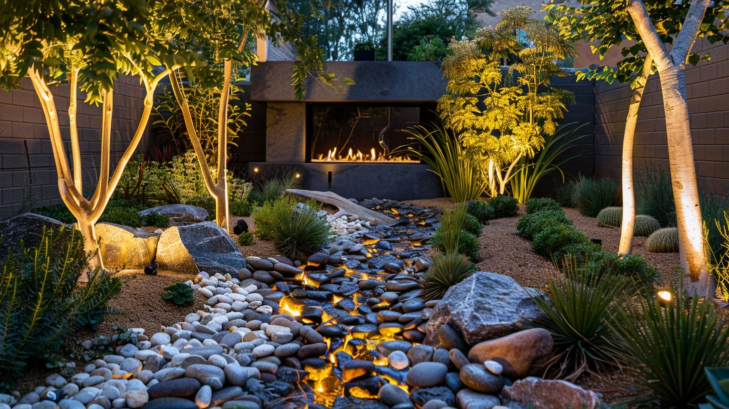 a vibrant arizona backyard showcases an innovative xeriscape design with strategically placed drought-tolerant native plants, a modern fireplace surrounded by decorative rock, and an elegant trellis, all illuminated by warm evening lights to emphasize sustainable beauty. a vibrant arizona backyard showcases an innovative xeriscape design with strategically placed drought-tolerant native plants, a modern fireplace surrounded by decorative rock, and an elegant trellis, all illuminated by warm evening lights to emphasize sustainable beauty.