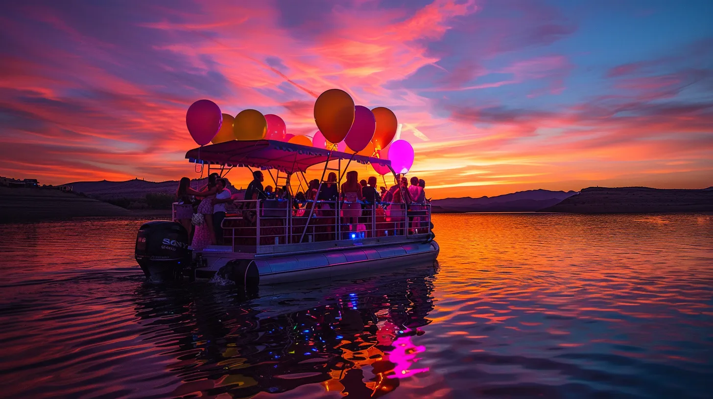 a vibrant arizona boat tour captures a lively bachelorette party on lake pleasant, featuring a stylishly decorated boat with balloons and personal touches, set against the stunning backdrop of sunset reflections on the water, emphasizing joy and celebration.
