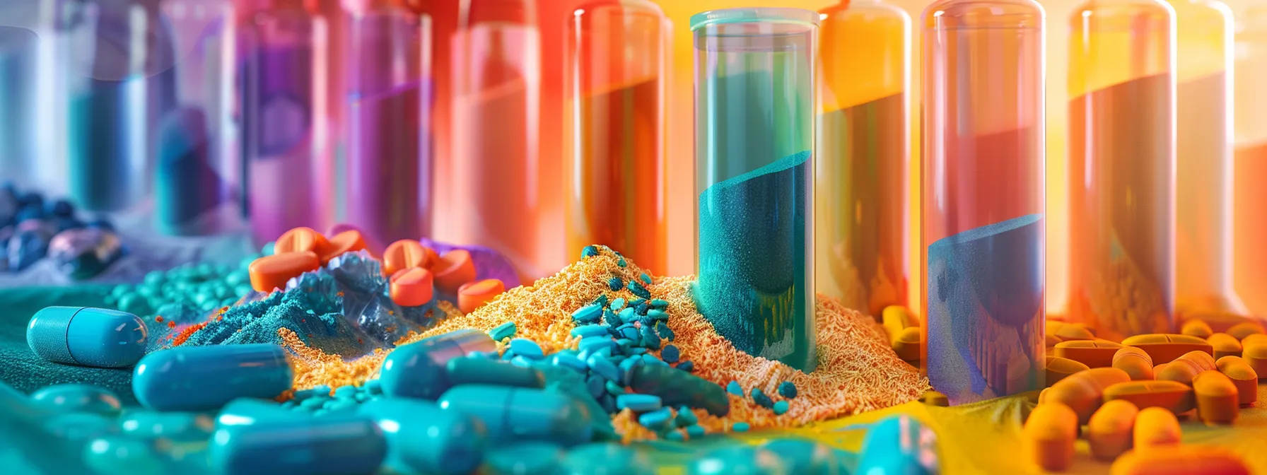 a vibrant arrangement of colorful powder vitamin supplements in eco-friendly packaging, showcased against a natural backdrop that emphasizes sustainability and health innovation.