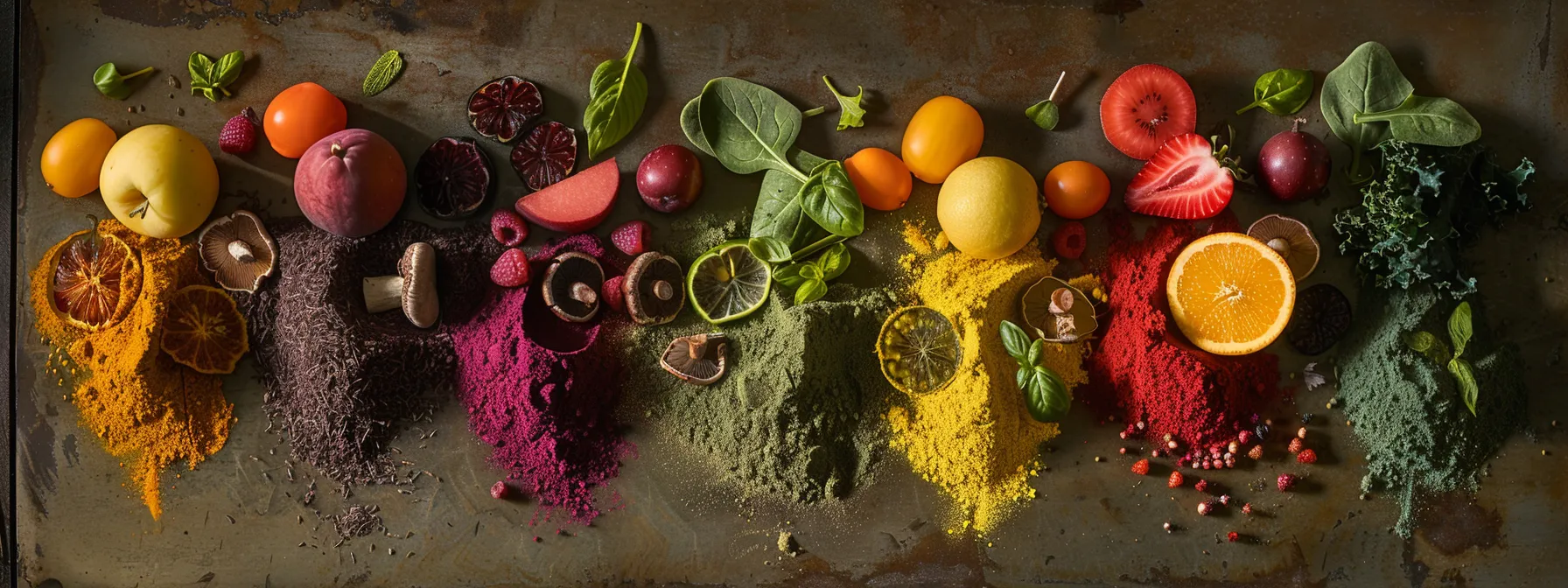 a vibrant arrangement of colorful fruits, leafy greens, and mushroom powders artfully displayed on a rustic wooden table, highlighting the natural and healthful alternatives for enhancing collagen production.