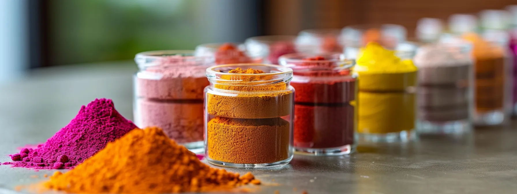 a vibrant arrangement of colorful powdered vitamin supplements in clear containers, showcasing their natural ingredients like inulin and rhodiola rosea, illuminated by soft, diffused sunlight to evoke a sense of health and wellness.