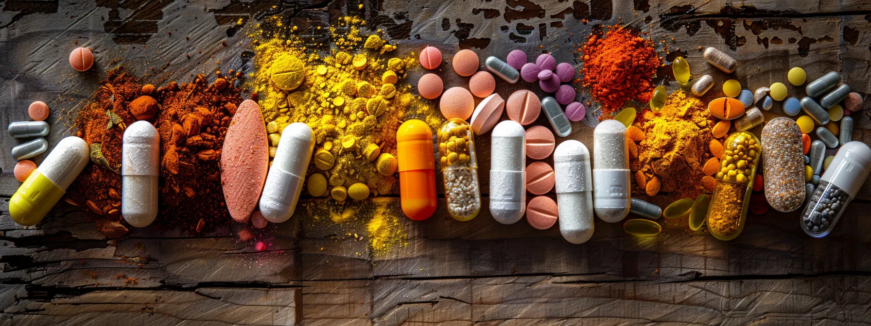 a vibrant arrangement of multivitamins and mineral powders artfully displayed on a natural wooden surface, illuminated by soft, warm lighting that emphasizes their colorful capsules and powders, capturing the essence of health and vitality.