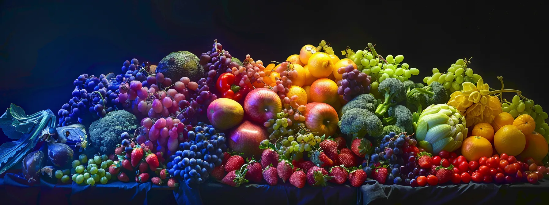 a vibrant arrangement of multicolored fruit and vegetables arranged in an artistic display, showcasing the natural richness and health benefits of essential nutrients, illuminated by soft, natural light to evoke a sense of vitality and well-being.