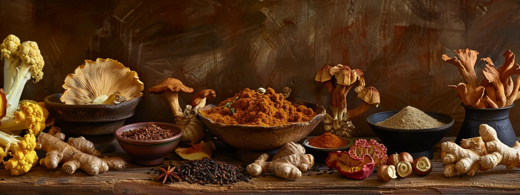 a vibrant arrangement of mushroom coffee substitutes featuring rich chaga and reishi mushrooms alongside fresh ginger and aromatic spices, all artistically displayed against a warm, inviting background that evokes a sense of vitality and focus.