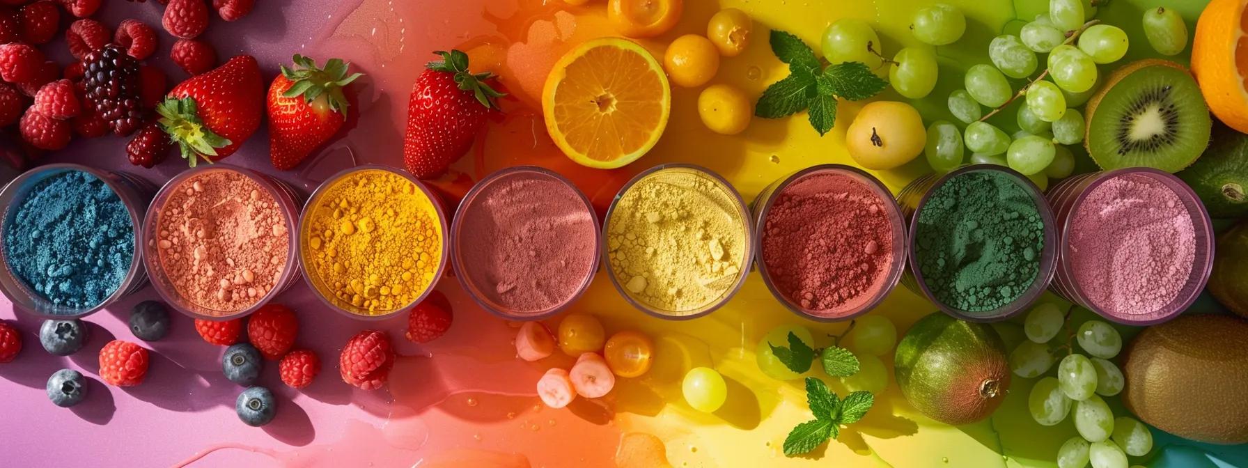 a vibrant arrangement of various protein powders in distinctive containers, surrounded by fresh fruits and colorful electrolyte drinks, illuminated by soft, natural light to highlight the textures and hues, symbolizing personalized health and wellness nutrition.