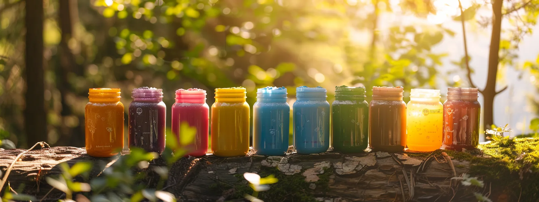 a vibrant arrangement of various electrolyte powder containers set against a backdrop of a sunlit hiking trail, emphasizing hydration and wellness through vivid colors and natural elements.