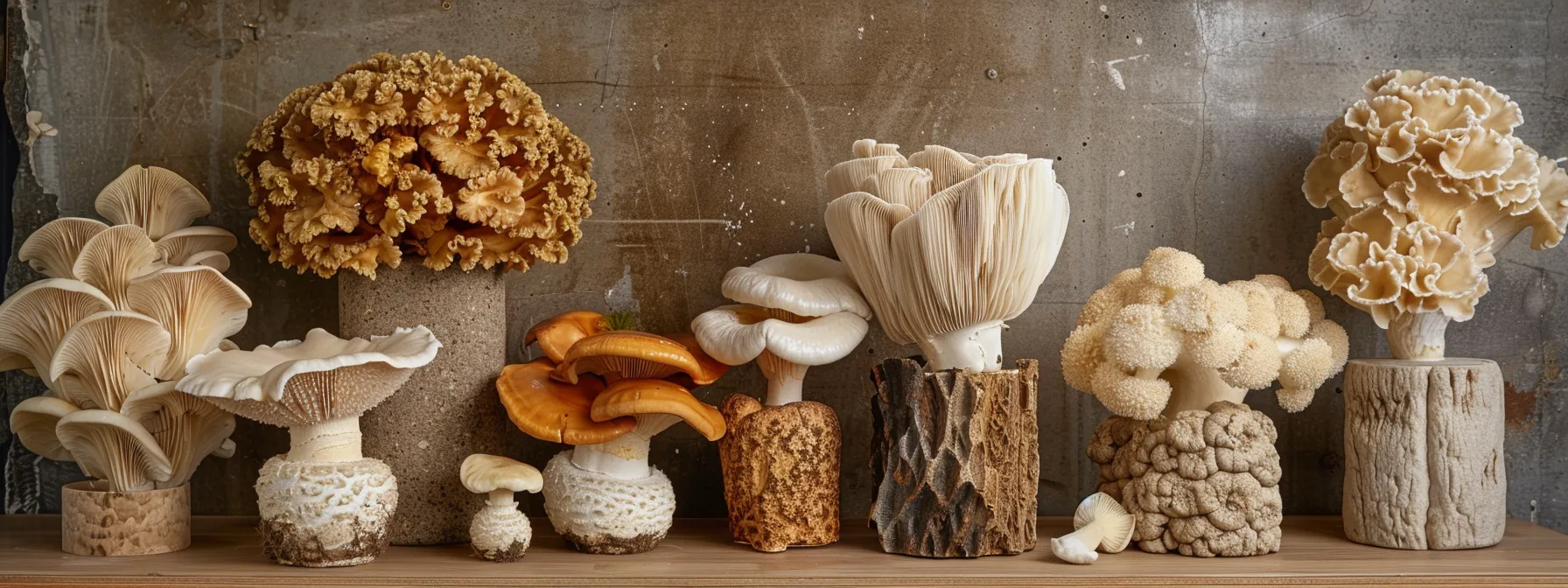 a vibrant arrangement showcasing golden mushroom co's lion's mane mushroom grow kits, illuminated by soft, natural lighting that highlights their lush, organic form against a backdrop of eco-friendly materials, emphasizing quality and sustainability.
