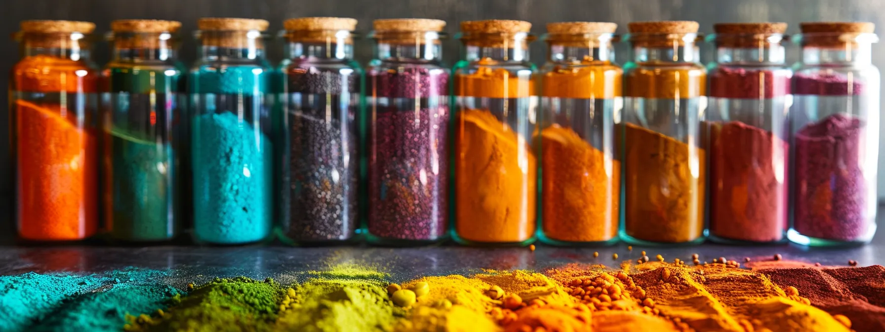 a vibrant array of colorful powdered supplements artistically displayed in glass jars, highlighting their nutrient-rich ingredients against a softly lit backdrop, symbolizes the vitality and health benefits they offer.
