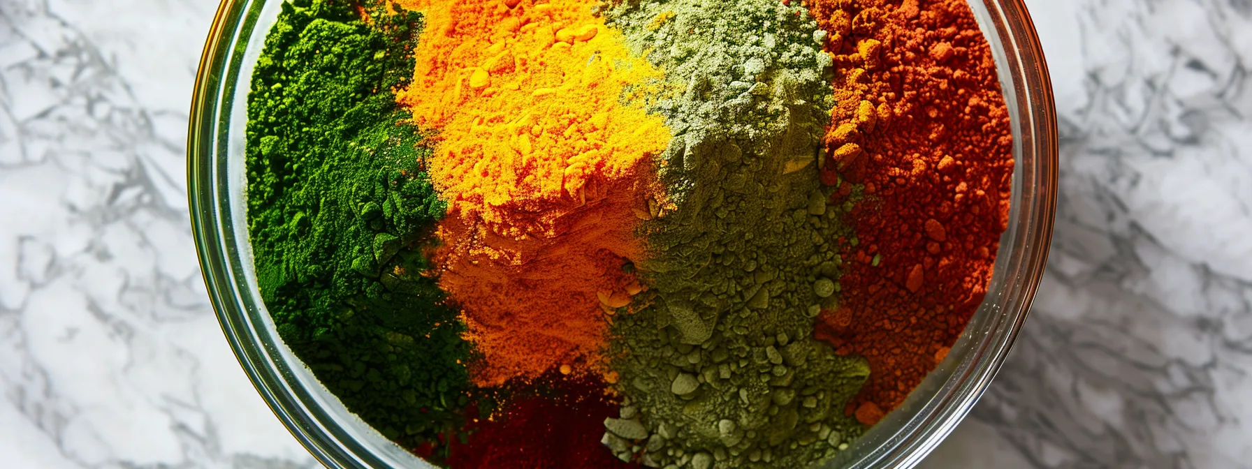 a vibrant array of colorful multivitamin powder ingredients, featuring rich greens, bright oranges, and deep reds, showcased in a clear glass bowl under soft, natural lighting to highlight their freshness and health benefits.