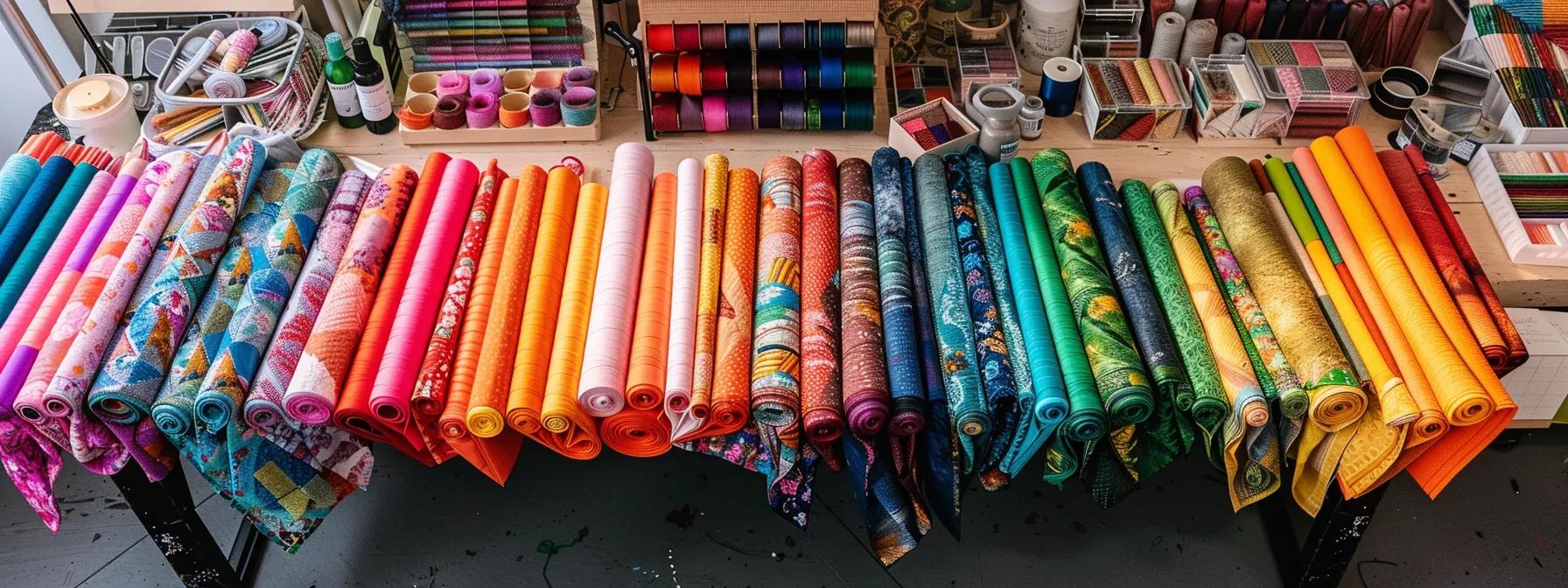 a vibrant array of colorful quilt fabrics and pre-cut pieces is artfully arranged on a sleek, modern quilting table surrounded by essential tools, showcasing the eco-friendly packaging of quilt kits that reduce waste and shipping emissions.