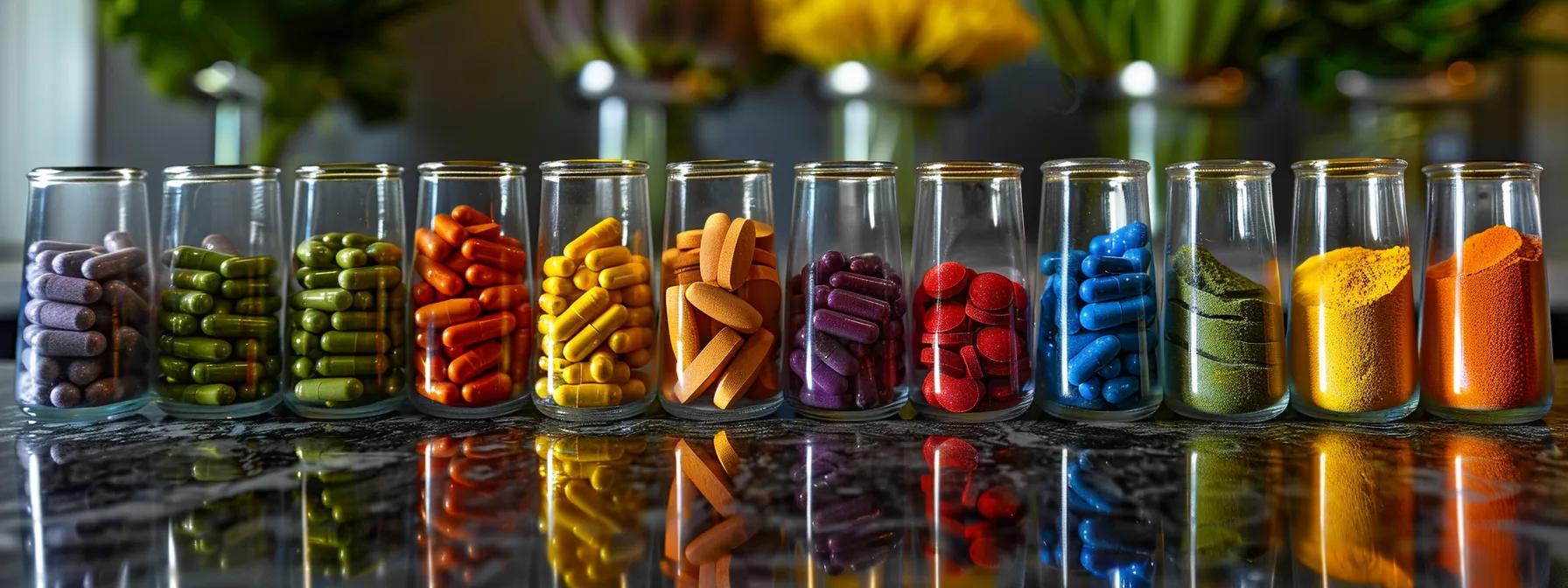 a vibrant array of colorful powdered multivitamins is artfully displayed on a sleek kitchen surface, illuminated by soft natural light, highlighting their health benefits and inviting an energizing wellness journey.