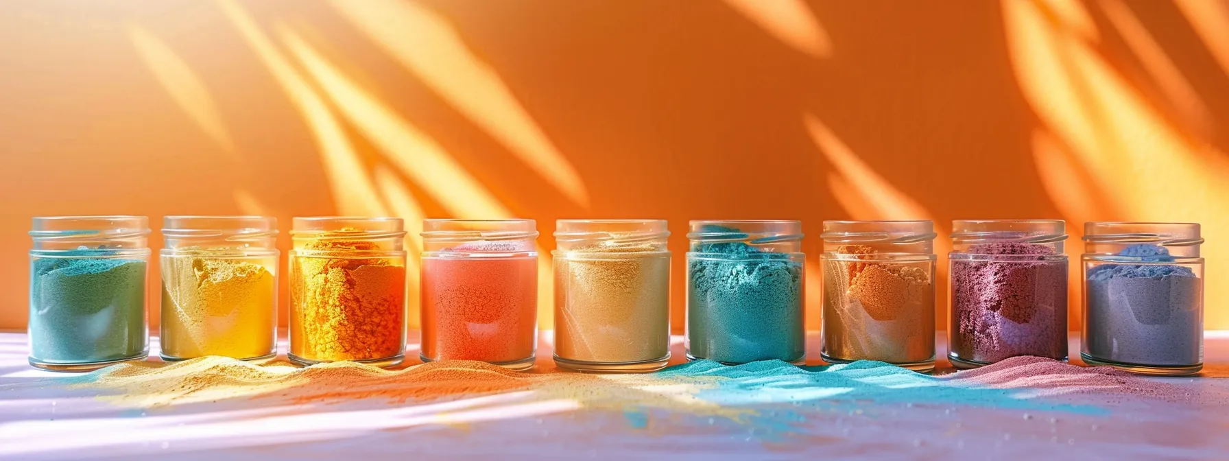 a vibrant array of colorful electrolyte powders in refreshing flavors, like zesty orange and cool blue, artfully arranged in clear containers against a sunlit backdrop, emphasizing their role in promoting hydration and vitality.