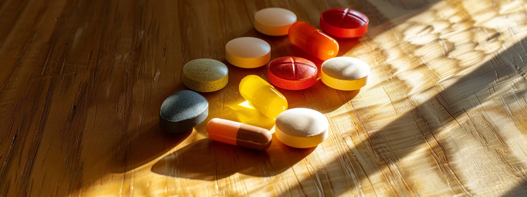 a vibrant array of colorful powder vitamin supplements sits on a sleek wooden table, illuminated by soft, natural light, highlighting the transformative essence of health and wellness through user testimonials.
