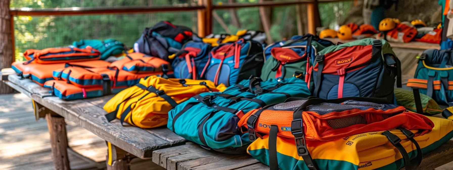 a vibrant array of essential rafting gear laid out on a table, including life jackets, helmets, and waterproof bags, ready for your ocoee river adventure.