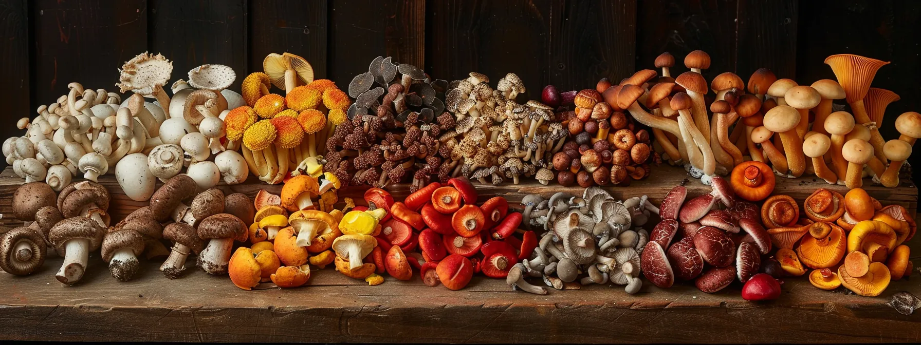 a vibrant array of fresh mushrooms, including button, portobello, and shiitake, arranged artistically on a rustic wooden table, highlighting their rich textures and colors under soft, natural light to emphasize their market significance.