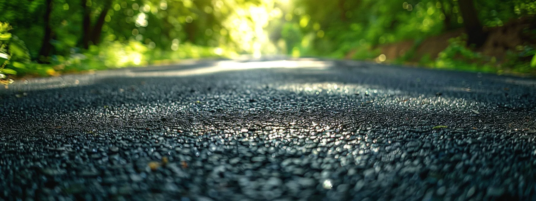 a vibrant asphalt pavement gleaming under the sunlight, showcasing freshly applied liquid asphalt joint sealer filling cracks, surrounded by lush greenery, symbolizing the long-lasting durability achieved through regular maintenance.