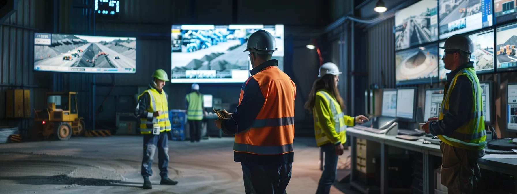 a vibrant asphalt workshop setting showcases professionals engaged in animated discussions around detailed samples of asphalt mixes, illuminated by focused task lighting and surrounded by industry publications and digital screens displaying technology innovations.