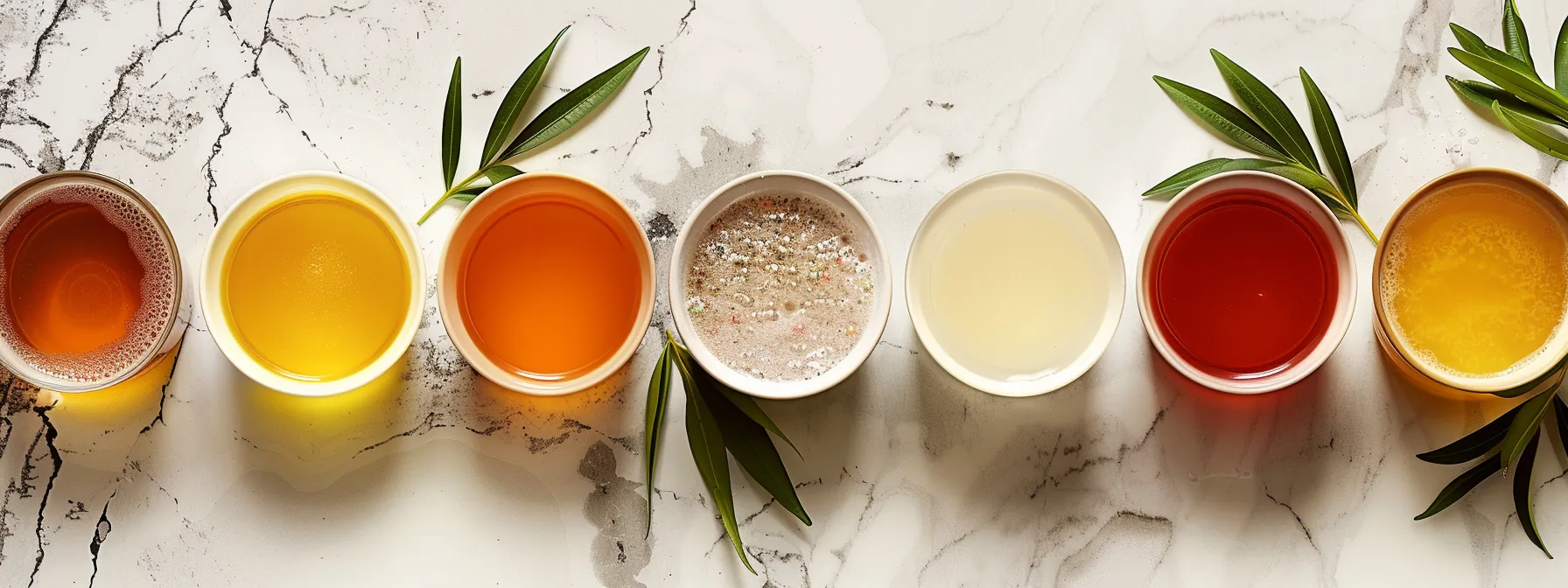 a vibrant assortment of coconut oil-infused drinks elegantly arranged on a glistening marble surface, illuminated by warm natural light, symbolizing the diverse approaches to fasting and their impact on overall wellness.