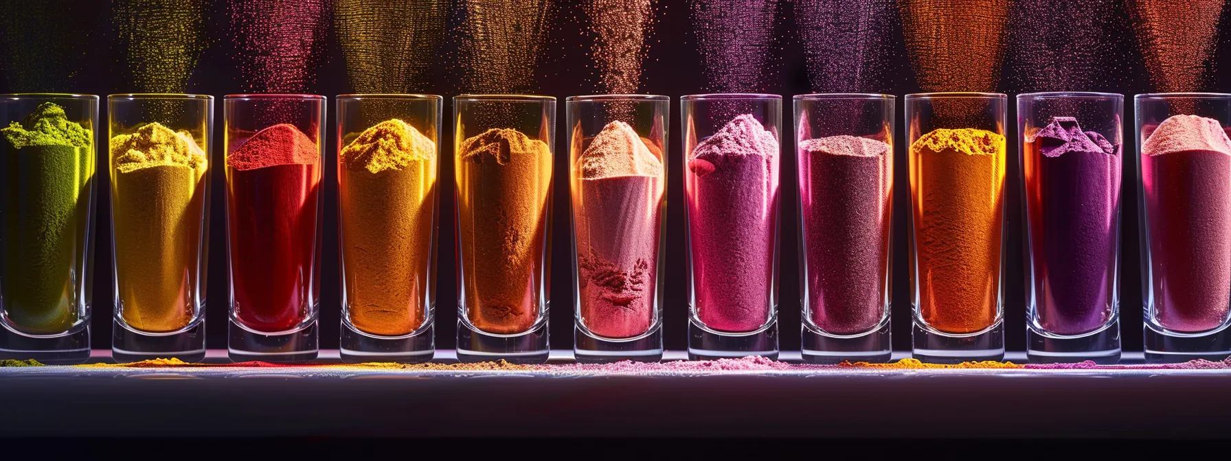 a vibrant assortment of colorful multivitamin powders elegantly displayed in glass containers, illuminated by soft, natural light, emphasizes the theme of personalized nutrition and wellness.
