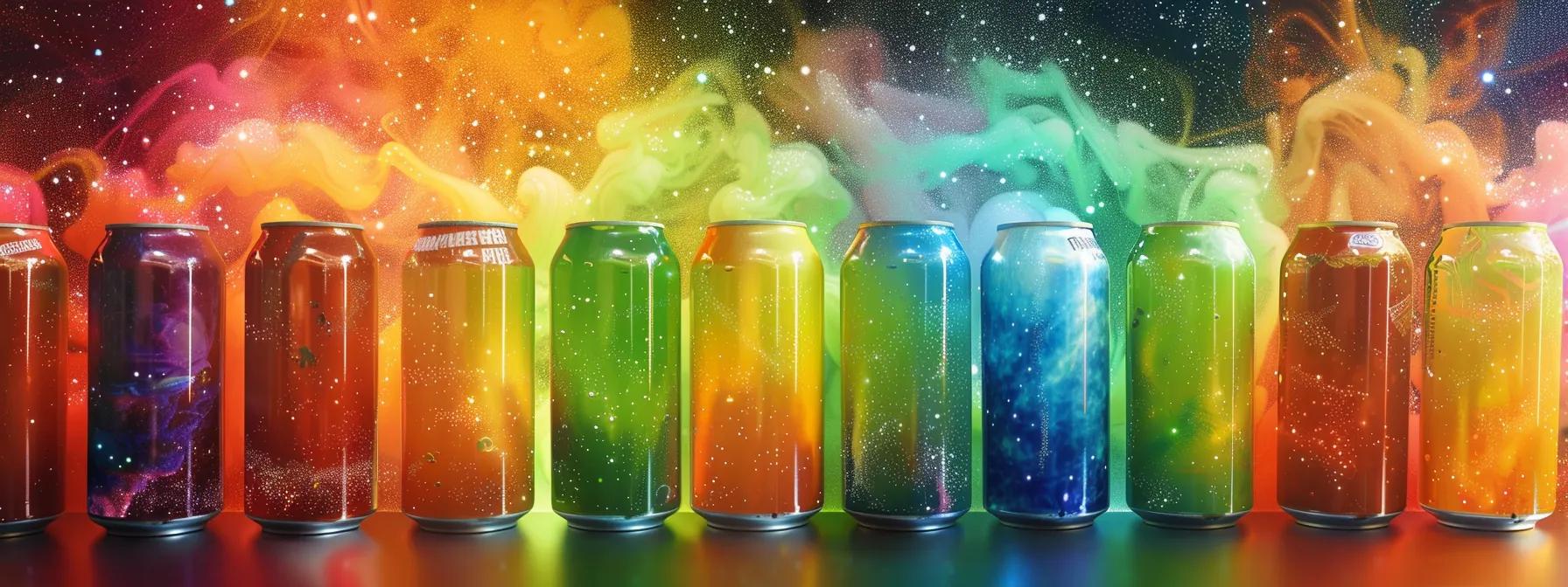 a vibrant assortment of thc-infused seltzer cans is displayed against a mesmerizing cosmic backdrop of swirling nebulas and interstellar colors, highlighted in vivid greens to emphasize their unique flavor profiles and cannabis infusion. a vibrant assortment of thc-infused seltzer cans is displayed against a mesmerizing cosmic backdrop of swirling nebulas and interstellar colors, highlighted in vivid greens to emphasize their unique flavor profiles and cannabis infusion.