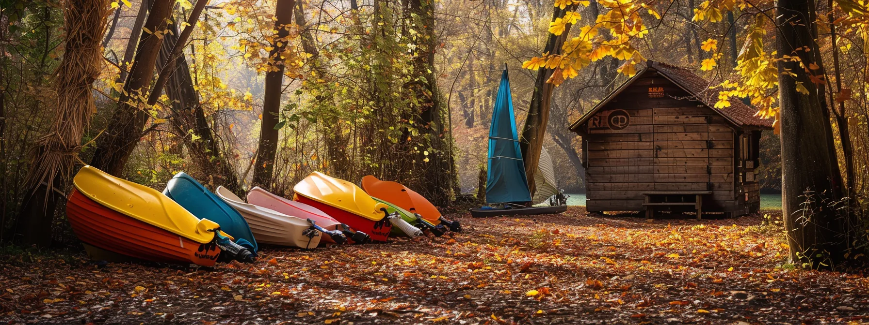 a vibrant autumn scene captures colourful sail shades neatly folded and stored in a rustic wooden shed, surrounded by fallen leaves and soft, diffused light filtering through the trees, evoking a sense of preparation for winter to come.