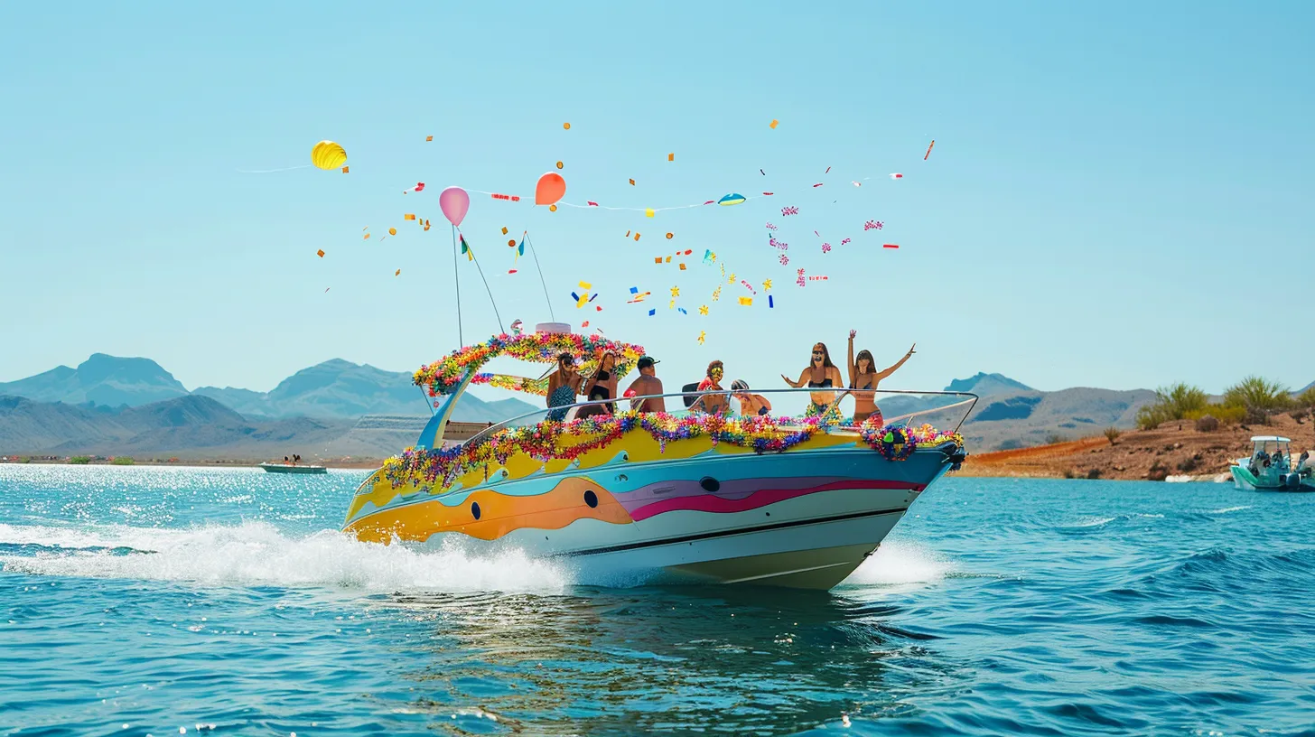 a vibrant bachelorette boat party on lake pleasant, arizona, features a colorful, festively decorated vessel surrounded by friends indulging in champagne, enjoying water sports, and enjoying lively games under a clear blue sky.