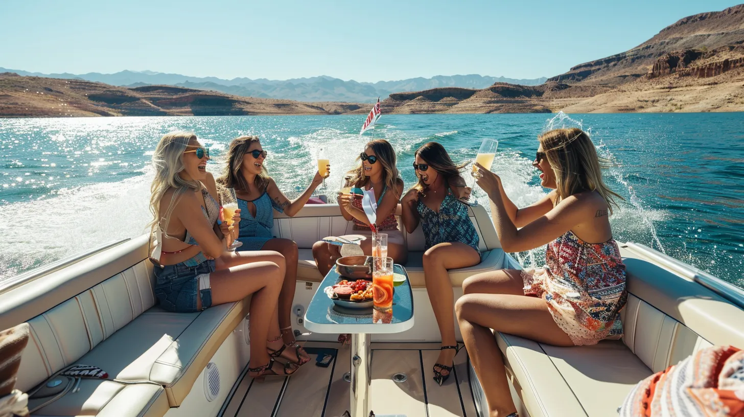 a vibrant bachelorette party scene unfolds on a stylish boat cruising across the sparkling waters of lake pleasant, arizona, with excited friends laughing and toasting under a clear blue sky.