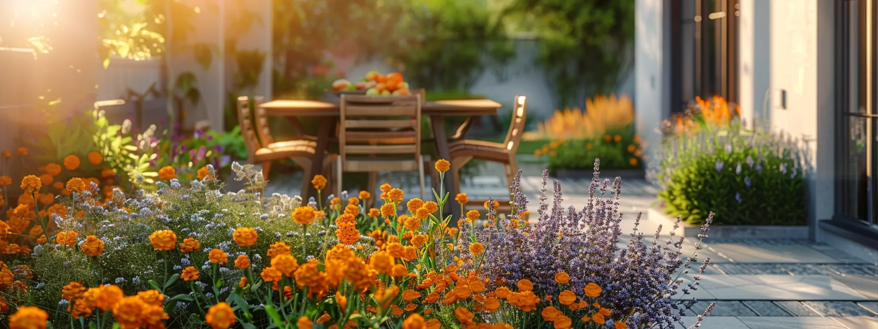 a vibrant backyard patio showcases a meticulously arranged array of marigolds, lavender, and herbs, creating an inviting atmosphere while highlighting the pest control business's innovative approach to natural mosquito deterrence. a vibrant backyard patio showcases a meticulously arranged array of marigolds, lavender, and herbs, creating an inviting atmosphere while highlighting the pest control business's innovative approach to natural mosquito deterrence.