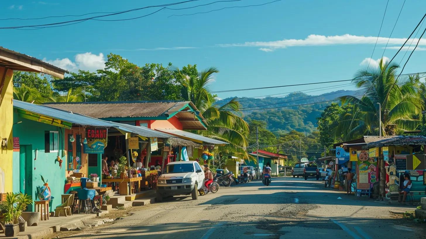 a vibrant beach town setting captures the essence of costa rican culture, featuring lively bars, colorful bungalows, and surfers riding the waves against a backdrop of pristine sandy shores, all under a bright, cloudless sky.