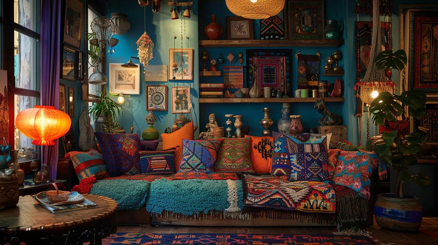 a vibrant bohemian living room bursts with eclectic patterns and textures, featuring richly colored textiles, unique pendant lights, and striking turquoise accents that celebrate individuality and creative freedom in interior design. a vibrant bohemian living room bursts with eclectic patterns and textures, featuring richly colored textiles, unique pendant lights, and striking turquoise accents that celebrate individuality and creative freedom in interior design.