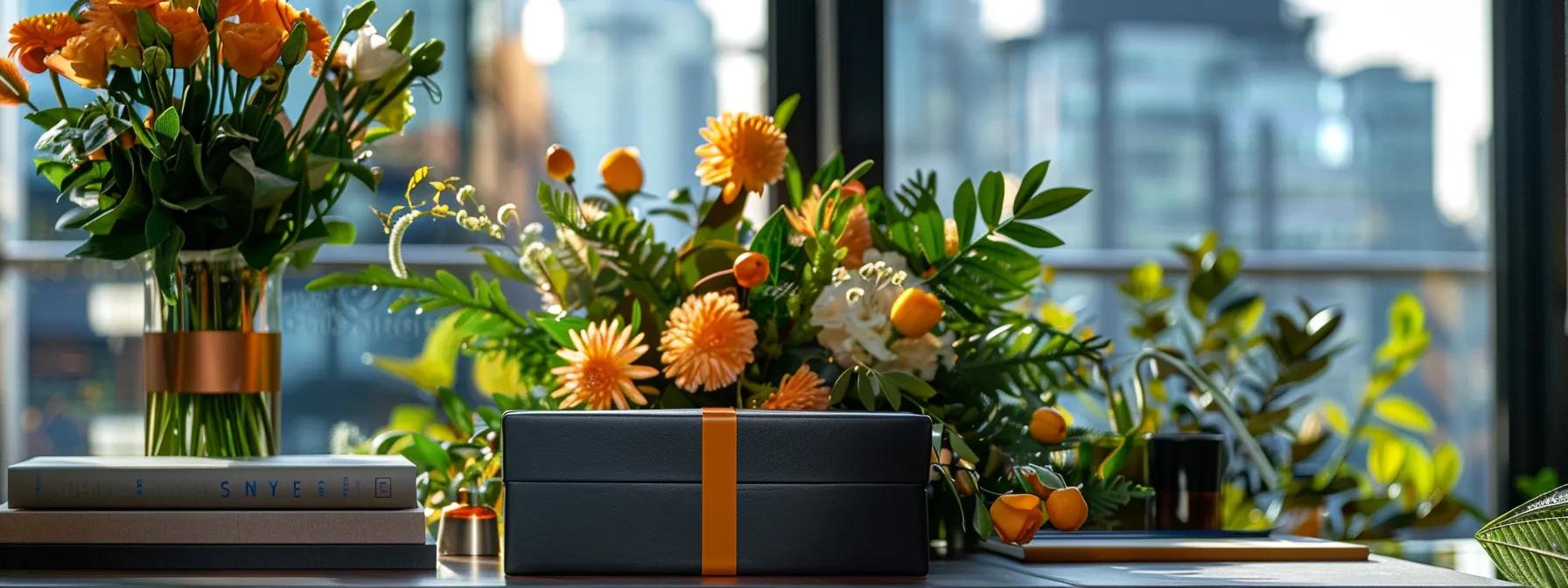 a vibrant bouquet of fresh flowers elegantly arranged on a sleek office desk, accompanied by a stylish gift box, conveying a sense of celebration and professionalism, set against a backdrop of modern urban architecture.