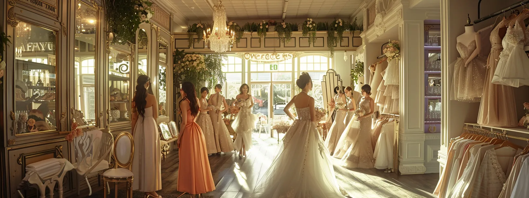 a vibrant bridal shop interior, elegantly adorned with luxurious wedding gowns and dreamy decor, captures a group of excited brides-to-be discussing their visions while consulting a detailed checklist, conveying the essence of enjoyable and organized bridal shopping. a vibrant bridal shop interior, elegantly adorned with luxurious wedding gowns and dreamy decor, captures a group of excited brides-to-be discussing their visions while consulting a detailed checklist, conveying the essence of enjoyable and organized bridal shopping.