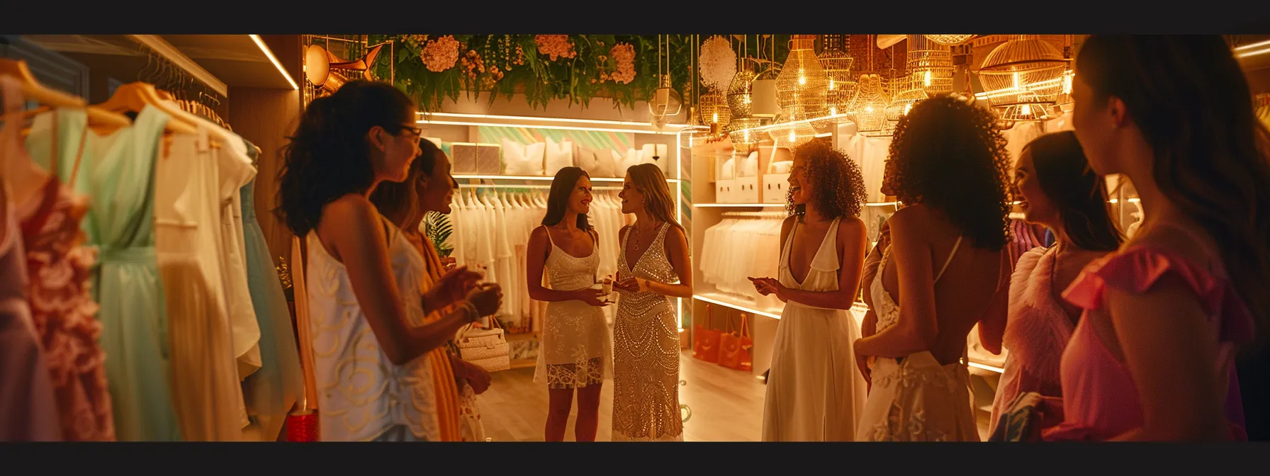 a vibrant bridal shop interior showcases a stunning array of wedding gowns elegantly displayed, while a group of engaged women enthusiastically shares their experiences and advice, illuminated by soft, warm lighting that creates an inviting atmosphere. a vibrant bridal shop interior showcases a stunning array of wedding gowns elegantly displayed, while a group of engaged women enthusiastically shares their experiences and advice, illuminated by soft, warm lighting that creates an inviting atmosphere.