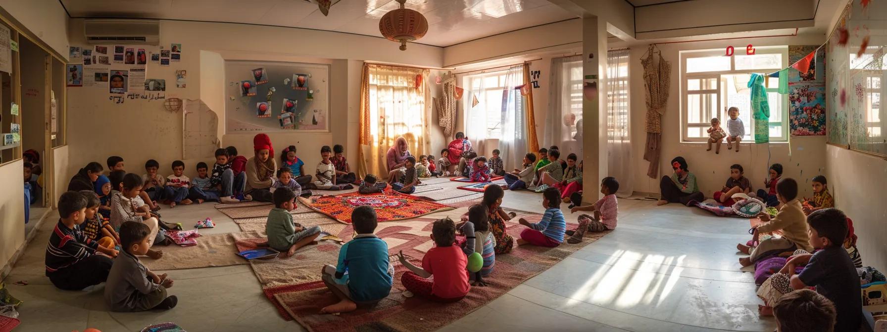 a vibrant, bustling common area within a kort pakistan orphanage, showcasing children engaged in collaborative learning and creative activities, surrounded by nurturing adults in a structured and supportive indoor environment.