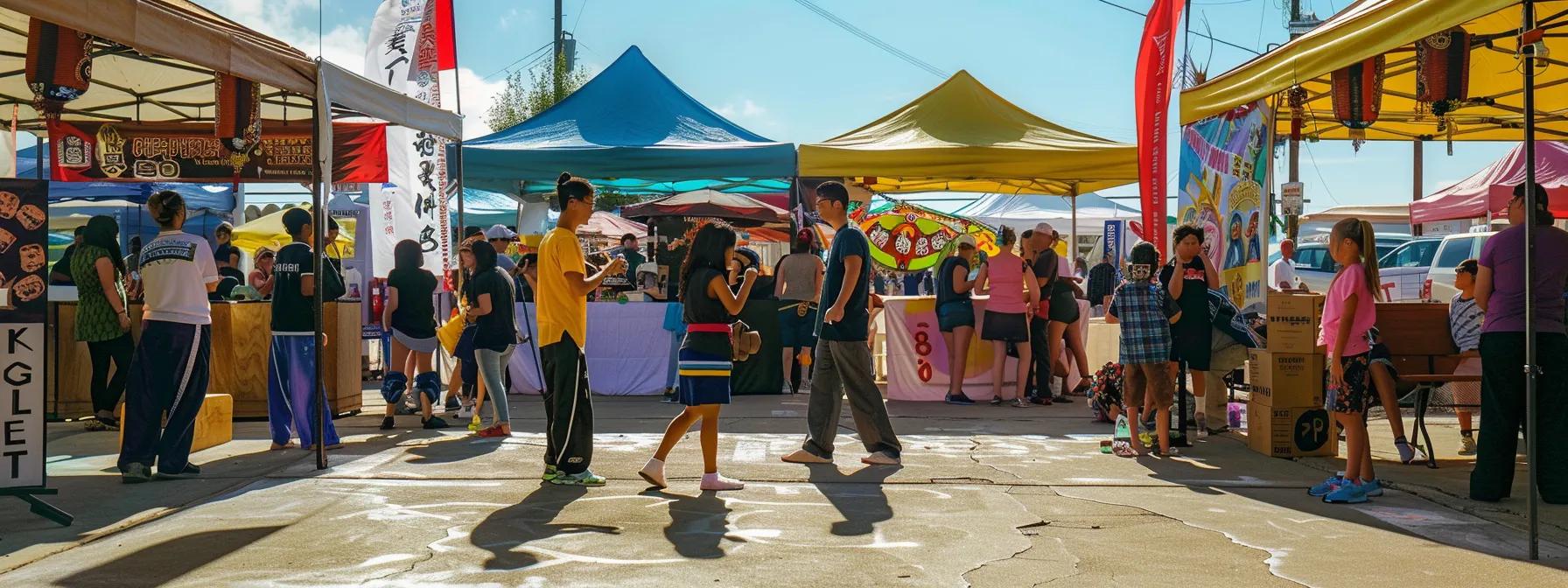 a vibrant, bustling community fair scene featuring a martial arts school's booth, showcasing colorful banners and engaging instructors warmly interacting with families, while local residents gather around to participate in hands-on demonstrations of discipline and respect inherent to the martial arts ethos. a vibrant, bustling community fair scene featuring a martial arts school's booth, showcasing colorful banners and engaging instructors warmly interacting with families, while local residents gather around to participate in hands-on demonstrations of discipline and respect inherent to the martial arts ethos.