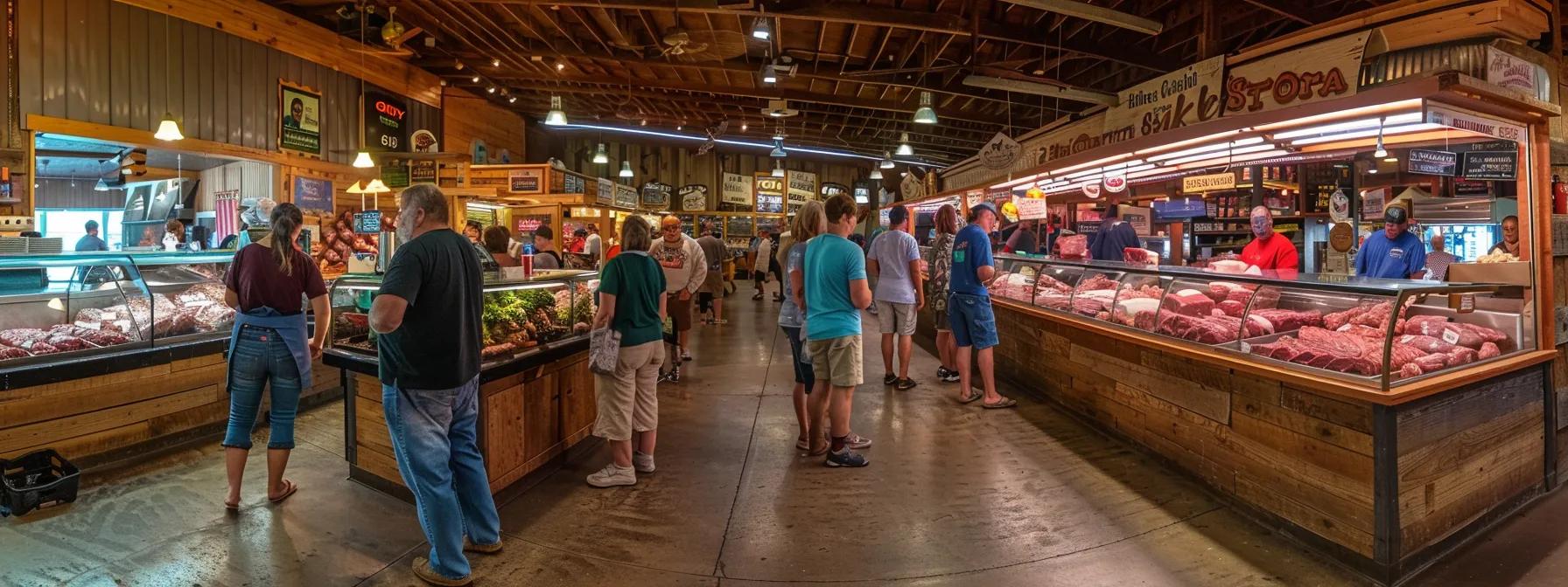 a vibrant, bustling meat market in arizona, showcasing a diverse array of high-quality beef cuts arranged appealingly on polished wooden displays, with knowledgeable suppliers engaging in animated discussions with attentive buyers about sourcing, production methods, and sustainability practices.