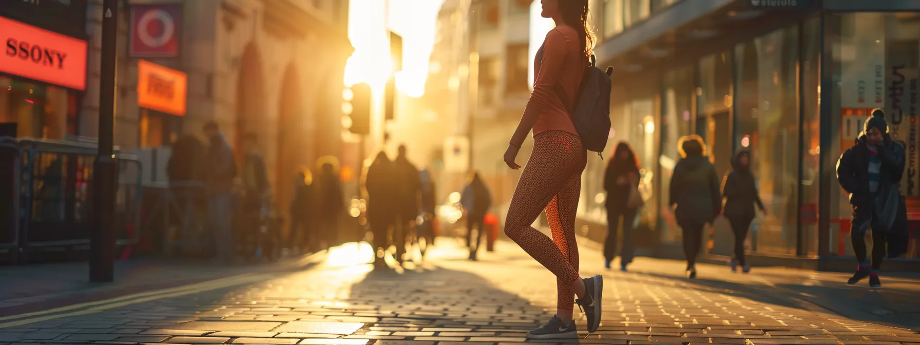 a vibrant, bustling urban scene captures a fashionably dressed individual in striking leggings, confidently striding along a lively city street, bathed in warm golden hour light.