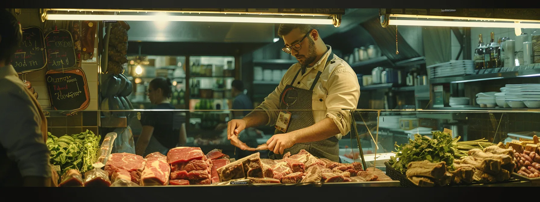 a vibrant butcher shop displaying an array of perfectly arranged beef cuts, with a knowledgeable butcher explaining cooking techniques and meal planning to intrigued customers, emphasizing the value of bulk purchases and community sharing. a vibrant butcher shop displaying an array of perfectly arranged beef cuts, with a knowledgeable butcher explaining cooking techniques and meal planning to intrigued customers, emphasizing the value of bulk purchases and community sharing.