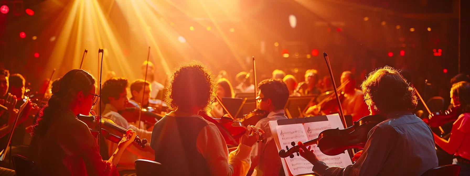 a vibrant, candid scene capturing a diverse group of orchestra members enjoying a joyful moment together, surrounded by their instruments, under warm, inviting light that highlights the sense of community and lifelong friendships formed through music. a vibrant, candid scene capturing a diverse group of orchestra members enjoying a joyful moment together, surrounded by their instruments, under warm, inviting light that highlights the sense of community and lifelong friendships formed through music.